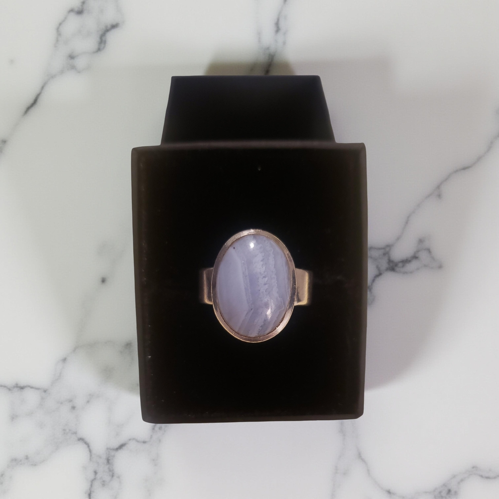Blue Lace Agate 925 Stamped Silver Oval Stone Ring- Size 8.5